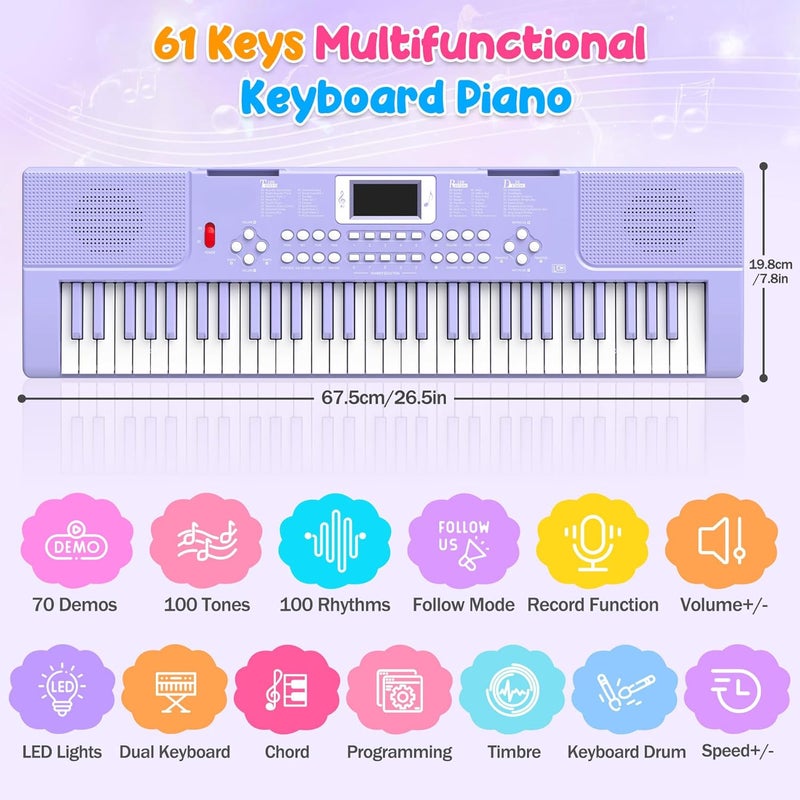 TWFRIC Piano Keyboard, 61 Key Upgrade Kids Pianos Music Toy with Light-up Keys & Pro Teaching Modes, Dual Speaker, 70 Demos,100 Tones, 100 Rhythms Perfect Christmas/Birthday Gift for Kids (Purple) - Image 2